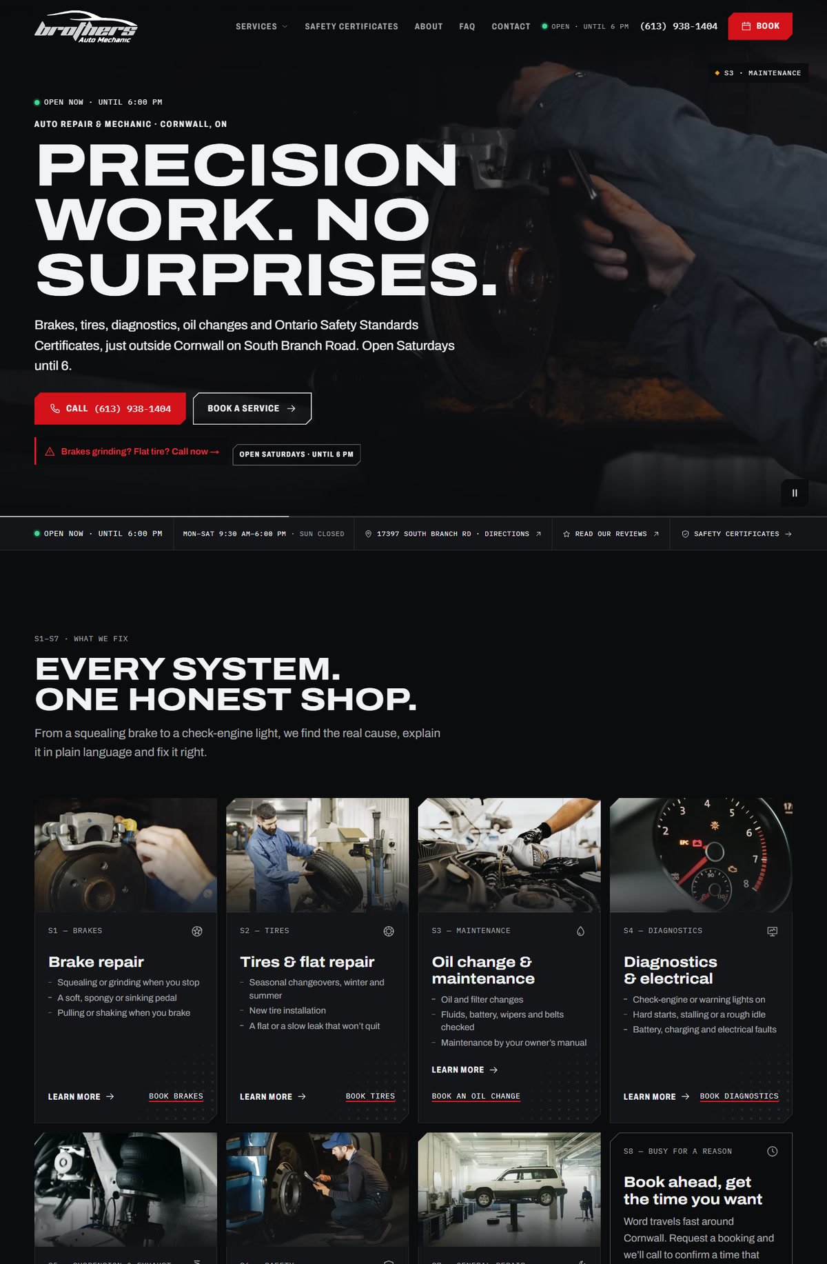 Brothers Auto Mechanic concept website home page: the headline Precision work. No surprises. over a dark workshop film, with a red call button and a live open-or-closed status