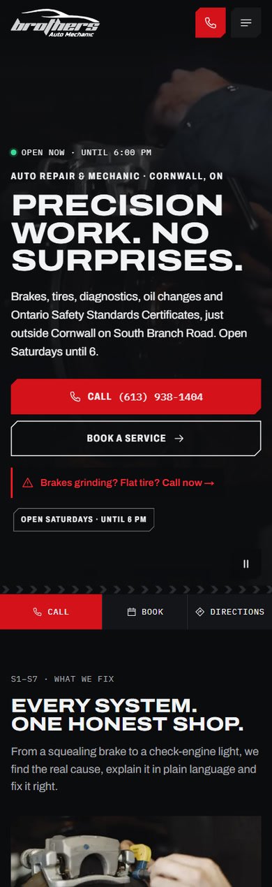 The Brothers Auto Mechanic concept on a phone: the headline over the workshop film, with the call and booking buttons