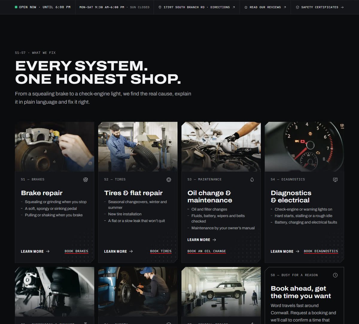 The rest of the Brothers Auto Mechanic home page: the hours strip and the grid of services