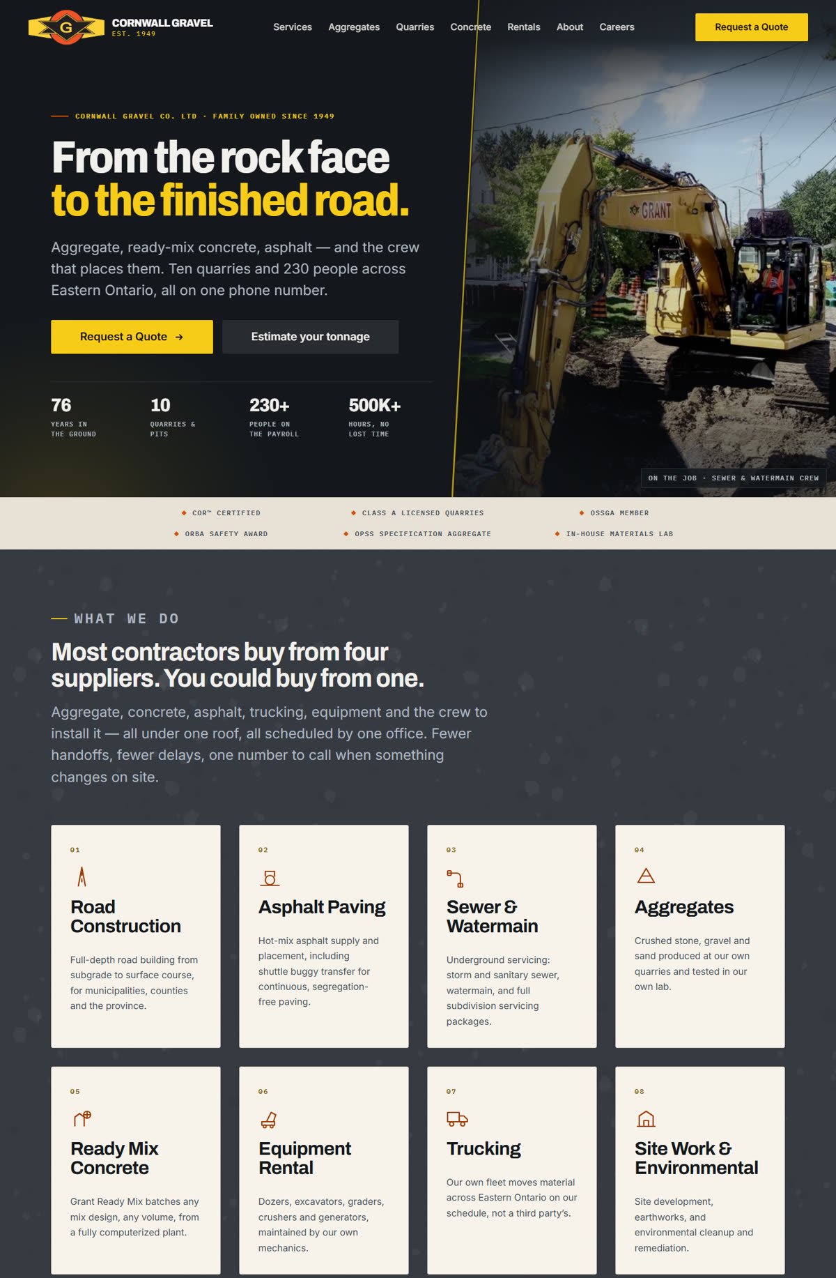 Cornwall Gravel Co. website home page with quarry imagery and aggregate, concrete and construction services