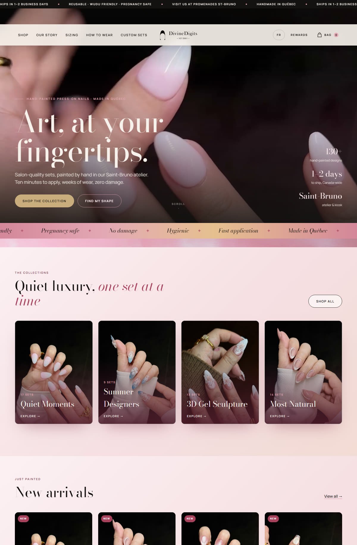 DivineDigits Studio website home page: hand-painted press-on nails with a video hero, in English and French