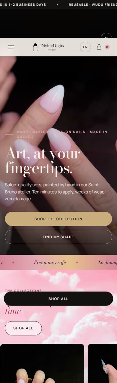 DivineDigits Studio home page on a phone, with the hero film and shop button