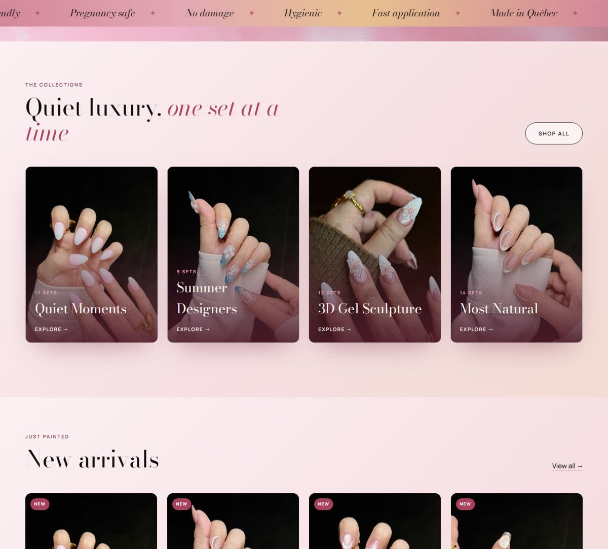 The rest of the DivineDigits Studio home page: featured collections, the miniature-artist films, how press-ons work and the kiosk details