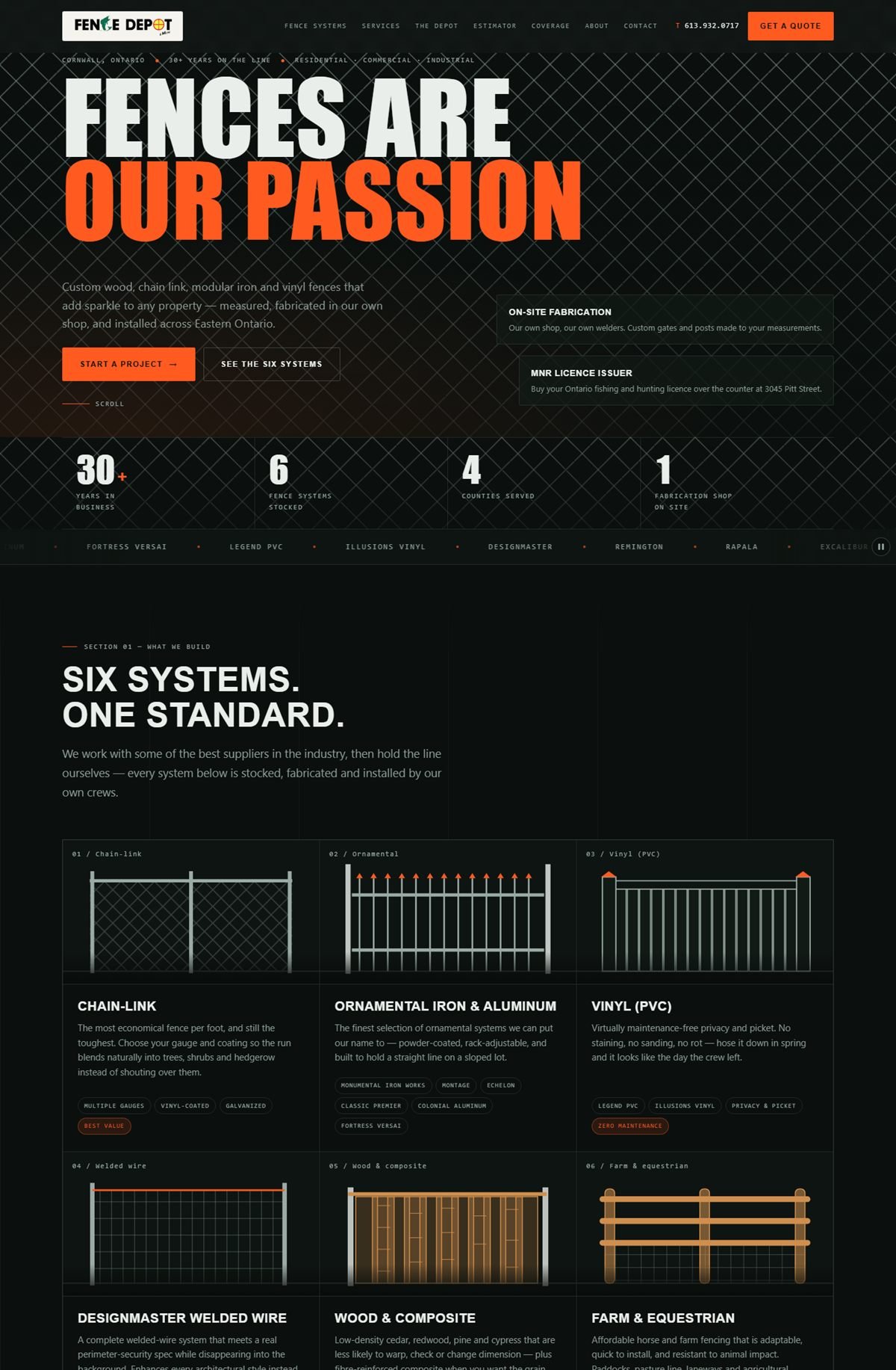 Fence Depot & More concept website home page: the headline Fences are our passion in white and blaze orange over a woven chain-link background