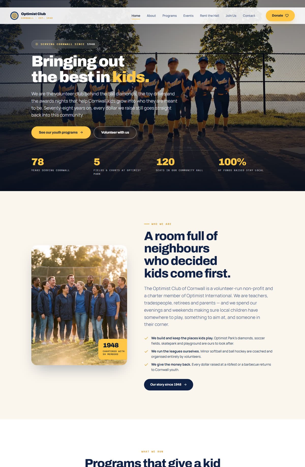 Optimist Club of Cornwall concept website home page with a golden-hour video hero of children in ball uniforms and the headline Bringing out the best in kids