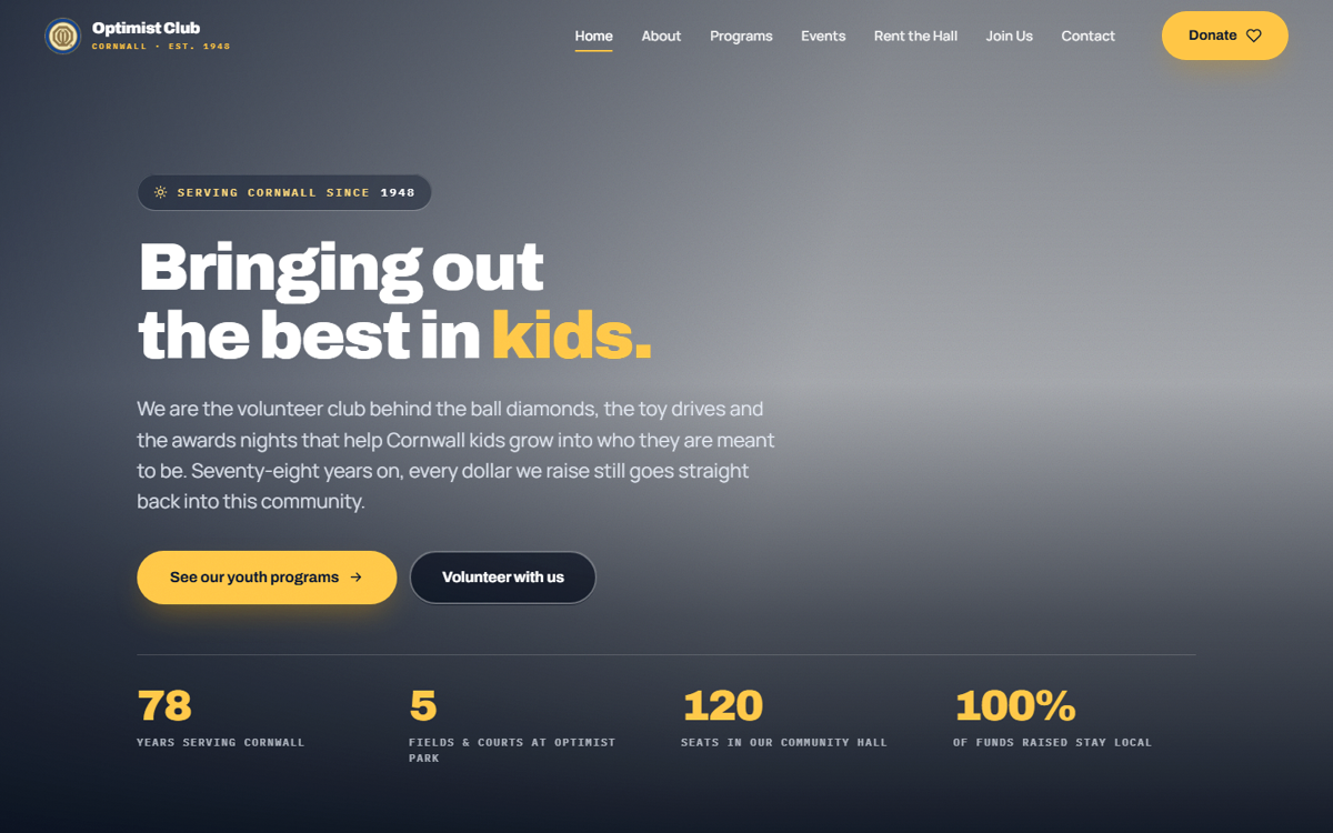 Optimist Club of Cornwall navigation and hero headline, Bringing out the best in kids, over the film