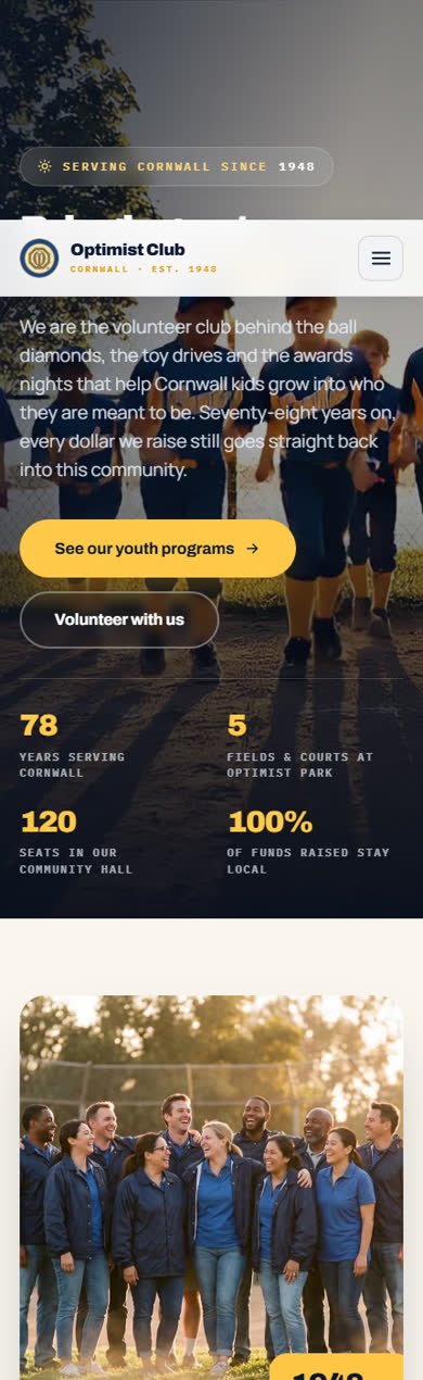 The Optimist Club of Cornwall concept home page on a phone: the video hero, the Bringing out the best in kids headline, and the programme and volunteer buttons