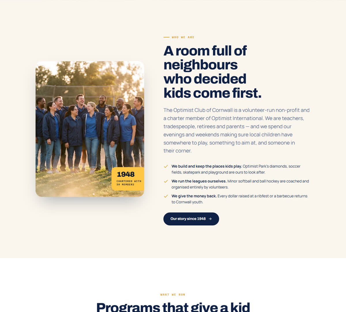 The rest of the Optimist Club of Cornwall home page: the club's story, the youth programme grid and the hall rental section