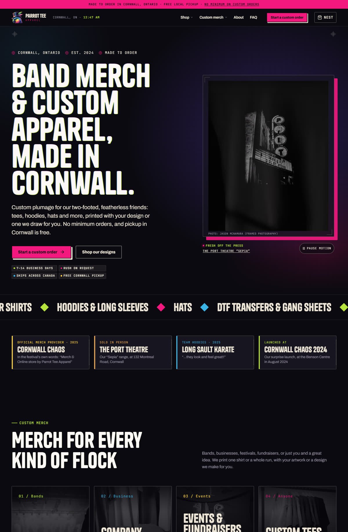 Full-length screenshot of the Parrot Tee Apparel home page: the headline Band merch and custom apparel, made in Cornwall over a black and magenta layout, with the shop grid, service lanes and the custom order ticket