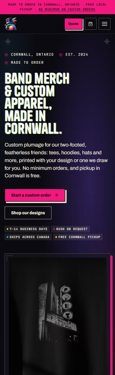 The Parrot Tee Apparel home page on a phone, showing the headline, the made-to-order terms and the start a custom order button