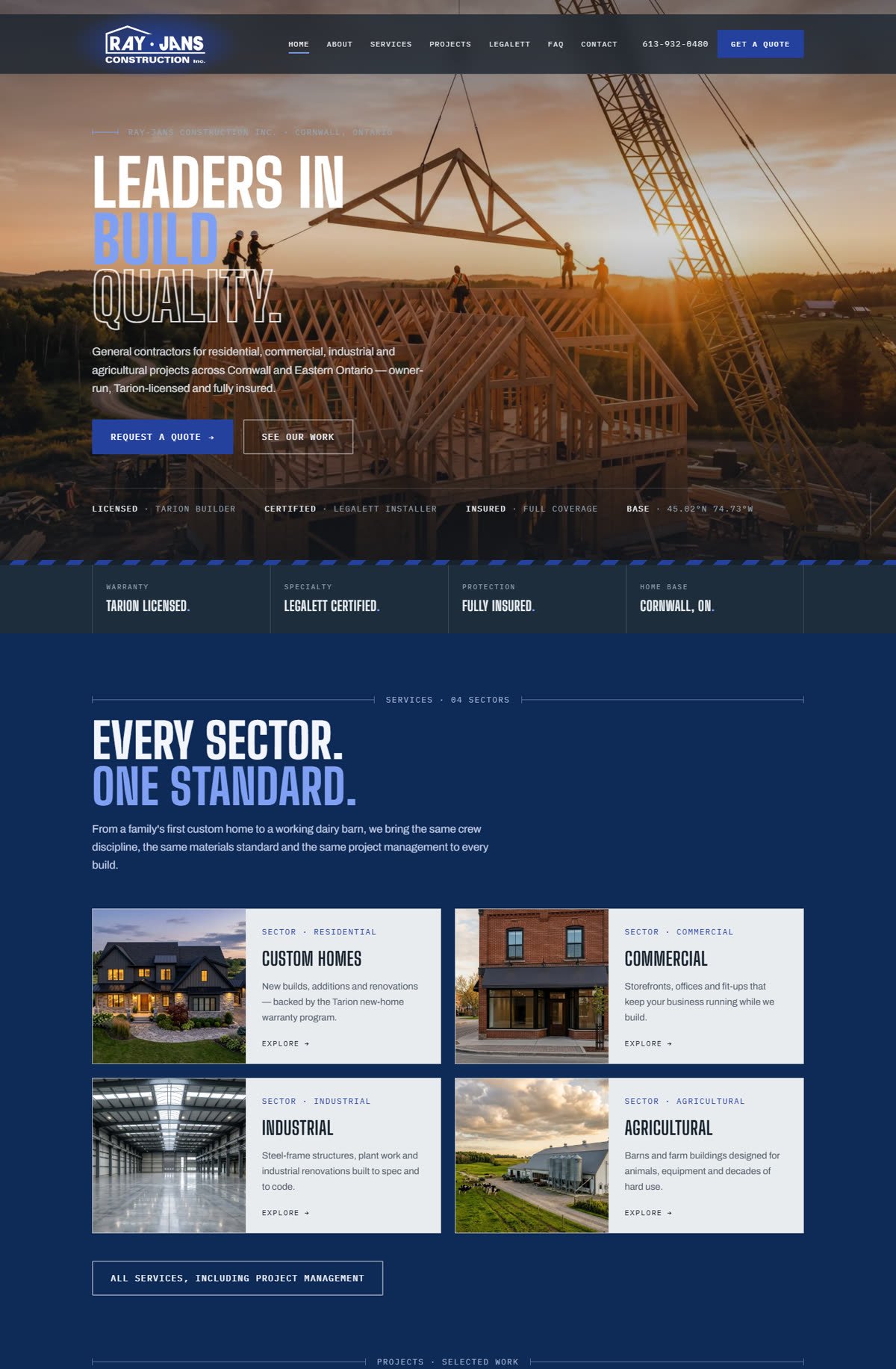 Ray-Jans Construction website home page with a sunset roof-truss photo and the headline Leaders in Build Quality