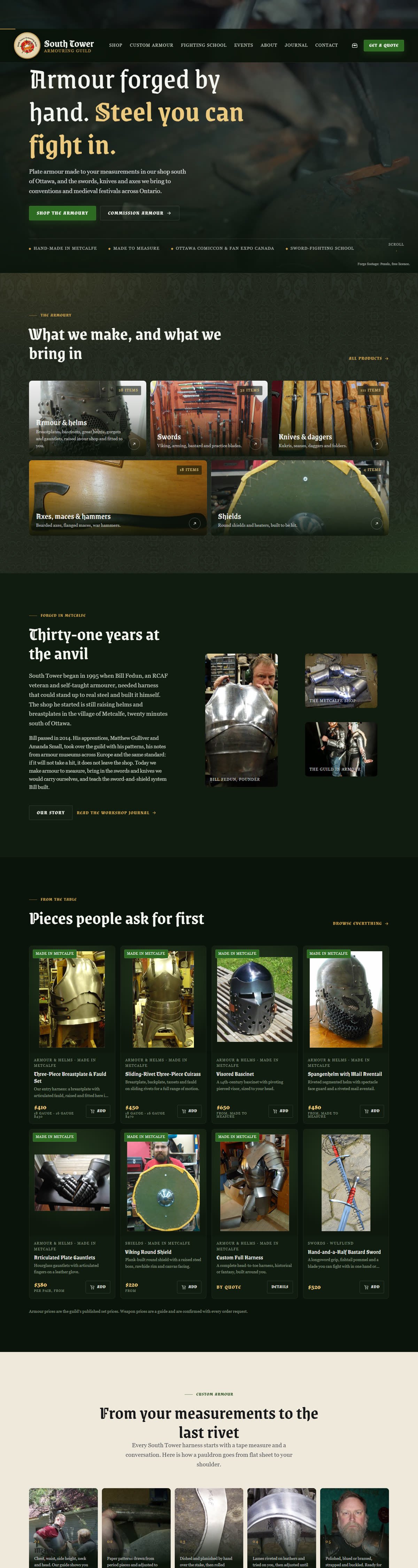 South Tower Armouring Guild concept website home page: true 4K forging film with the headline Armour forged by hand, steel you can fight in, over a symmetrical grid of armour, swords, knives, axes and shields