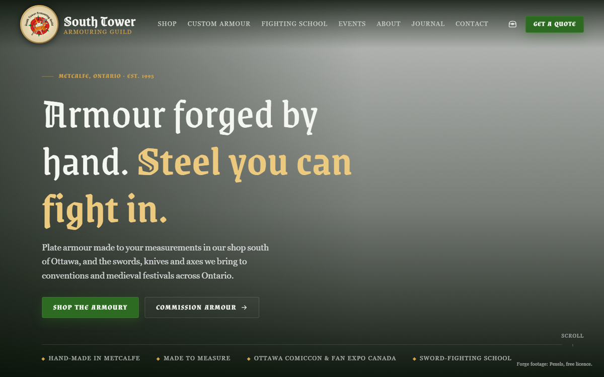 South Tower Armouring Guild navigation and hero headline, Armour forged by hand, steel you can fight in, over the film