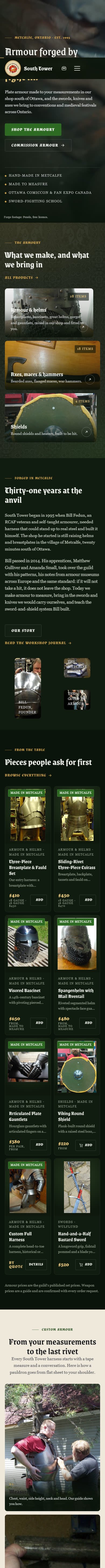The South Tower Armouring Guild concept on a phone: the forging hero, the symmetrical category grid and best-selling pieces