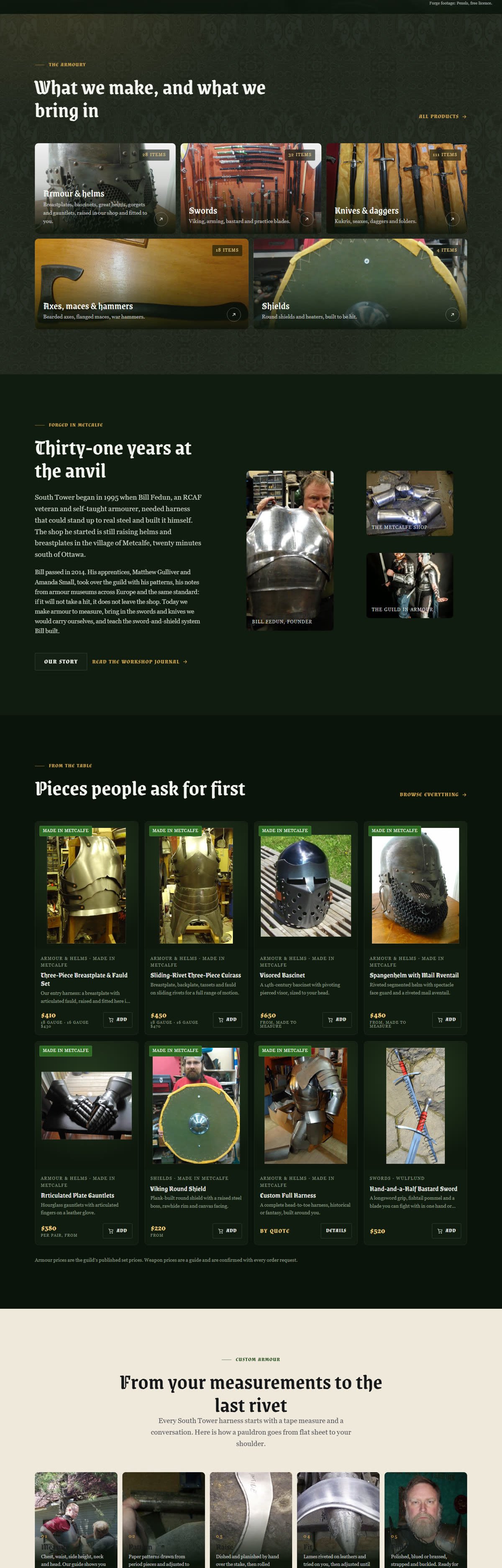 The rest of the South Tower Armouring Guild home page: a symmetrical grid of armour, swords, knives, axes and shields, the founder's story and best-selling pieces